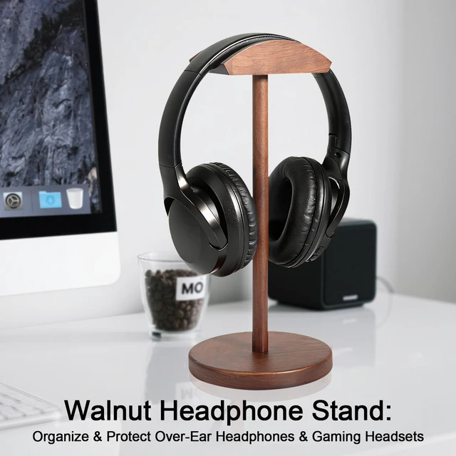 Alt view image 2 of 6 - Plehood Walnut Wood Headphone Stand for Desk, Heavy Duty Wooden Headset Stand, Wide Compatibility Gaming Headset Hanger Holder, Stylish Desk Accessories for Home & Office