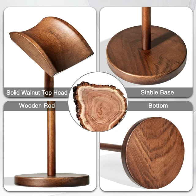 Alt view image 4 of 6 - Plehood Walnut Wood Headphone Stand for Desk, Heavy Duty Wooden Headset Stand, Wide Compatibility Gaming Headset Hanger Holder, Stylish Desk Accessories for Home & Office