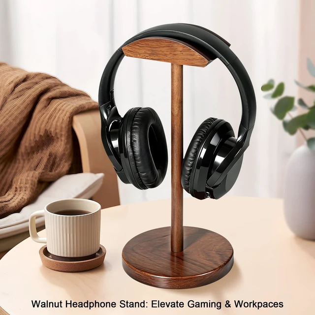 Alt view image 3 of 6 - Plehood Walnut Wood Headphone Stand for Desk, Heavy Duty Wooden Headset Stand, Wide Compatibility Gaming Headset Hanger Holder, Stylish Desk Accessories for Home & Office