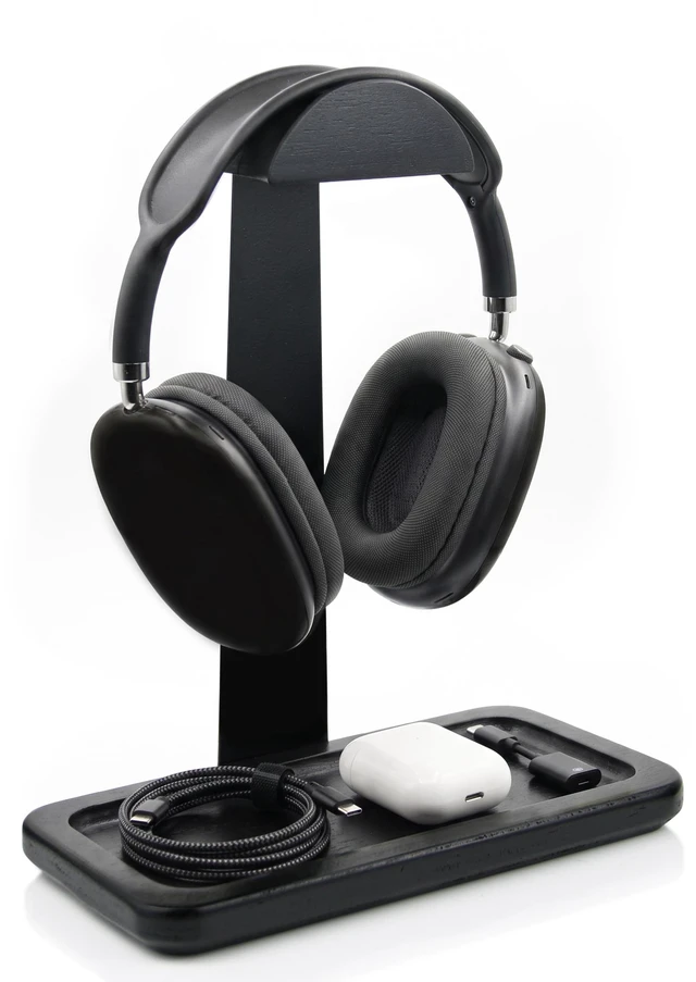 Main image of Gift for Men Headphone Stand with Storage Base, Stylish Headset Holder Gamer Gifts for Gaming & Desk to Keep Accessories Organized, Unique Gifts for Teenage Boy Brother on Birthday (Black Wood)