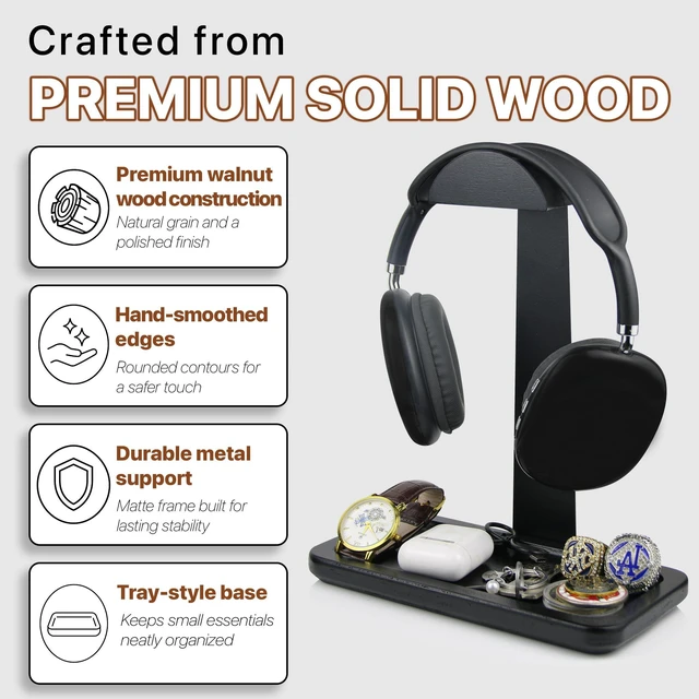 Alt view image 4 of 7 - Gift for Men Headphone Stand with Storage Base, Stylish Headset Holder Gamer Gifts for Gaming & Desk to Keep Accessories Organized, Unique Gifts for Teenage Boy Brother on Birthday (Black Wood)