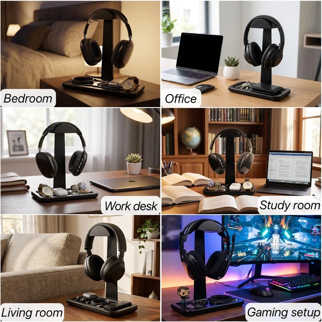 Alt view image 3 of 7 - Gift for Men Headphone Stand with Storage Base, Stylish Headset Holder Gamer Gifts for Gaming & Desk to Keep Accessories Organized, Unique Gifts for Teenage Boy Brother on Birthday (Black Wood)