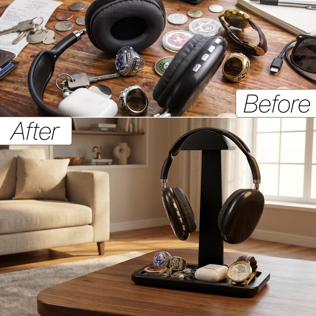 Alt view image 2 of 7 - Gift for Men Headphone Stand with Storage Base, Stylish Headset Holder Gamer Gifts for Gaming & Desk to Keep Accessories Organized, Unique Gifts for Teenage Boy Brother on Birthday (Black Wood)