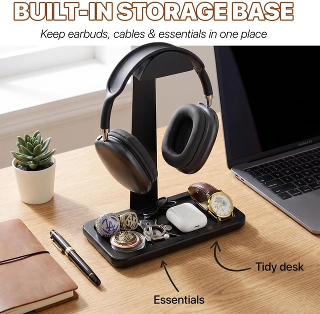 Alt view image 5 of 7 - Gift for Men Headphone Stand with Storage Base, Stylish Headset Holder Gamer Gifts for Gaming & Desk to Keep Accessories Organized, Unique Gifts for Teenage Boy Brother on Birthday (Black Wood)