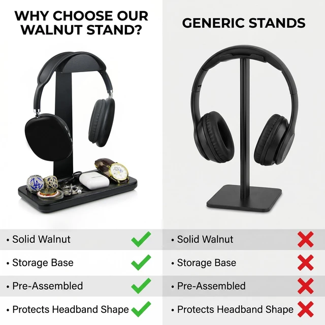Alt view image 6 of 7 - Gift for Men Headphone Stand with Storage Base, Stylish Headset Holder Gamer Gifts for Gaming & Desk to Keep Accessories Organized, Unique Gifts for Teenage Boy Brother on Birthday (Black Wood)