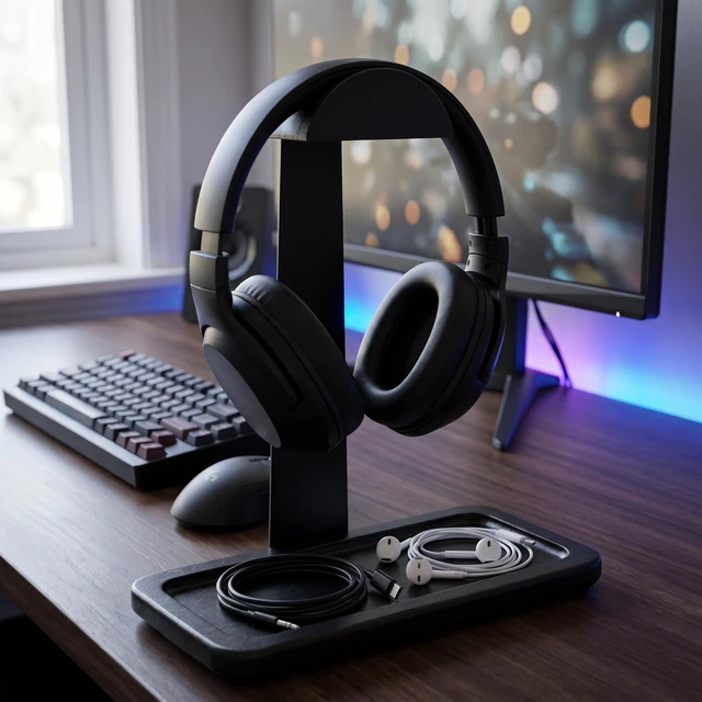 Alt view image 7 of 7 - Gift for Men Headphone Stand with Storage Base, Stylish Headset Holder Gamer Gifts for Gaming & Desk to Keep Accessories Organized, Unique Gifts for Teenage Boy Brother on Birthday (Black Wood)