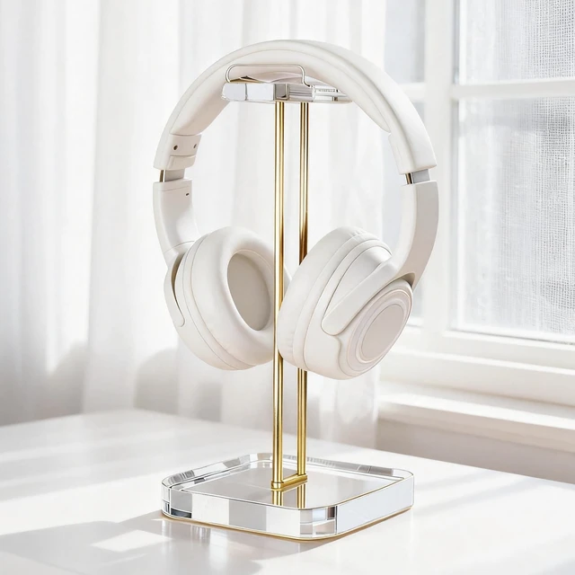 Main image of Acrylic Headphone Stand with Gold Stainless Steel Riser, Crystal Clear Headset Holder for Desk, Curved Headphone Hanger Stand for Gaming Headsets, Wireless & Over Ear Headphones, Desktop Accessories