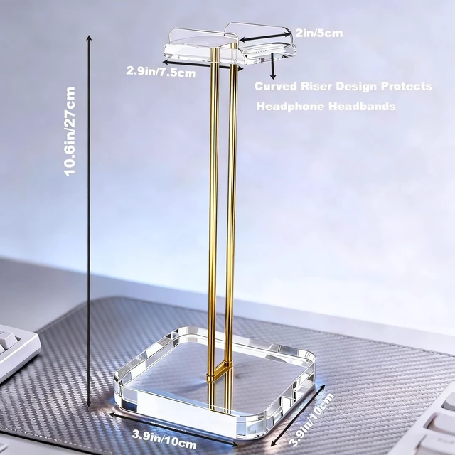 Alt view image 3 of 7 - Acrylic Headphone Stand with Gold Stainless Steel Riser, Crystal Clear Headset Holder for Desk, Curved Headphone Hanger Stand for Gaming Headsets, Wireless & Over Ear Headphones, Desktop Accessories