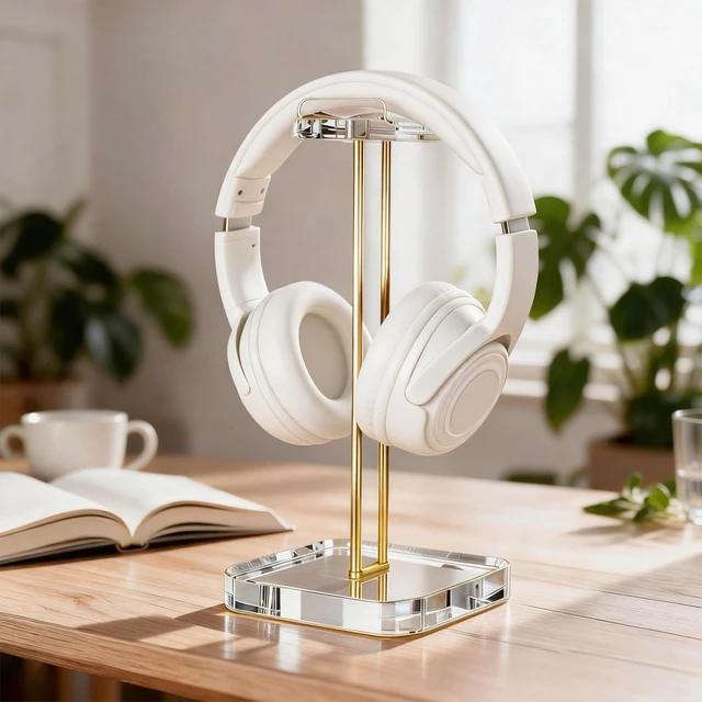 Alt view image 2 of 7 - Acrylic Headphone Stand with Gold Stainless Steel Riser, Crystal Clear Headset Holder for Desk, Curved Headphone Hanger Stand for Gaming Headsets, Wireless & Over Ear Headphones, Desktop Accessories