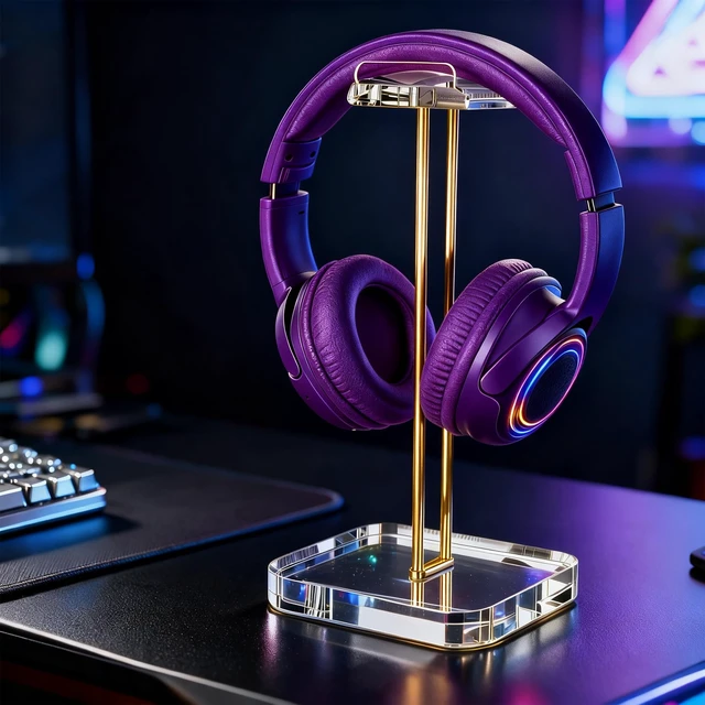 Alt view image 4 of 7 - Acrylic Headphone Stand with Gold Stainless Steel Riser, Crystal Clear Headset Holder for Desk, Curved Headphone Hanger Stand for Gaming Headsets, Wireless & Over Ear Headphones, Desktop Accessories