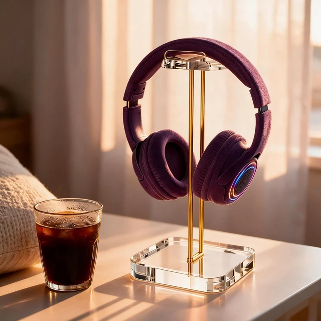 Alt view image 5 of 7 - Acrylic Headphone Stand with Gold Stainless Steel Riser, Crystal Clear Headset Holder for Desk, Curved Headphone Hanger Stand for Gaming Headsets, Wireless & Over Ear Headphones, Desktop Accessories