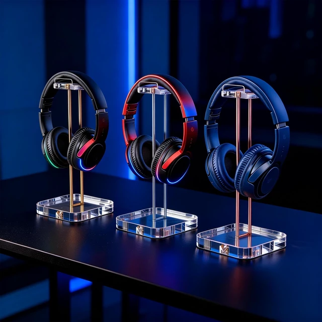 Alt view image 6 of 7 - Acrylic Headphone Stand with Gold Stainless Steel Riser, Crystal Clear Headset Holder for Desk, Curved Headphone Hanger Stand for Gaming Headsets, Wireless & Over Ear Headphones, Desktop Accessories