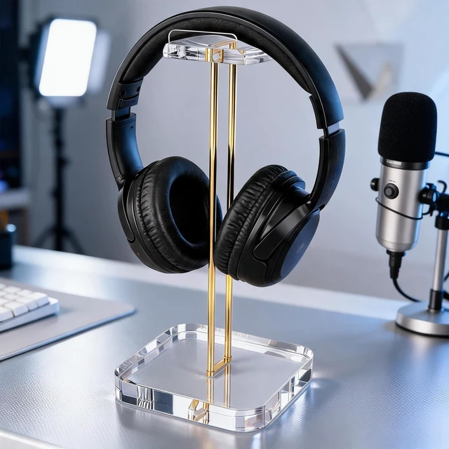 Alt view image 7 of 7 - Acrylic Headphone Stand with Gold Stainless Steel Riser, Crystal Clear Headset Holder for Desk, Curved Headphone Hanger Stand for Gaming Headsets, Wireless & Over Ear Headphones, Desktop Accessories