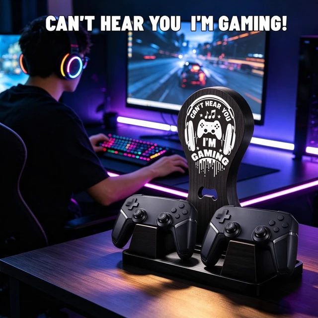 Alt view image 6 of 7 - Gamer Gifts for Teen Boy,Headphone Stand with 2 Controller Holder & Storage | Birthday Gifts, Gamer Lovers Room Decor Stuff Wooden Headset Holder for Christmas