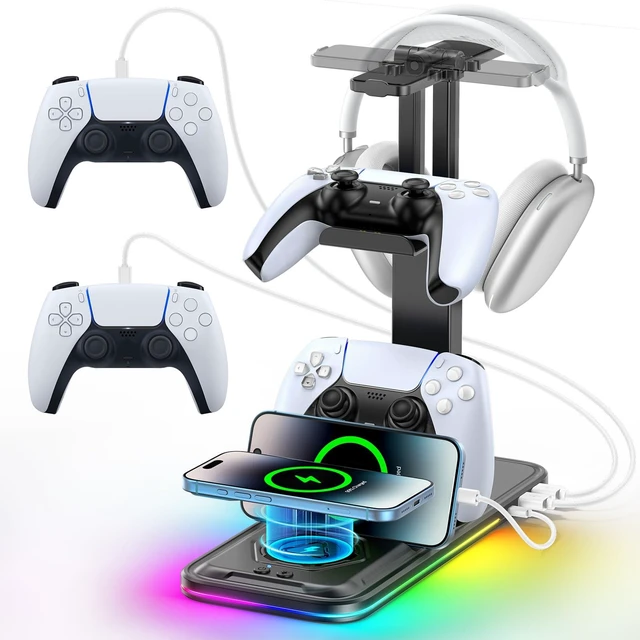 Main image of Controller Stand with Wireless Phone Charger, Gaming Headphone Holder and Controller Charging Station for Desk, 9 RGB Lights, 2 USB and Type C Ports, Gaming Accessories Gifts for Gamers