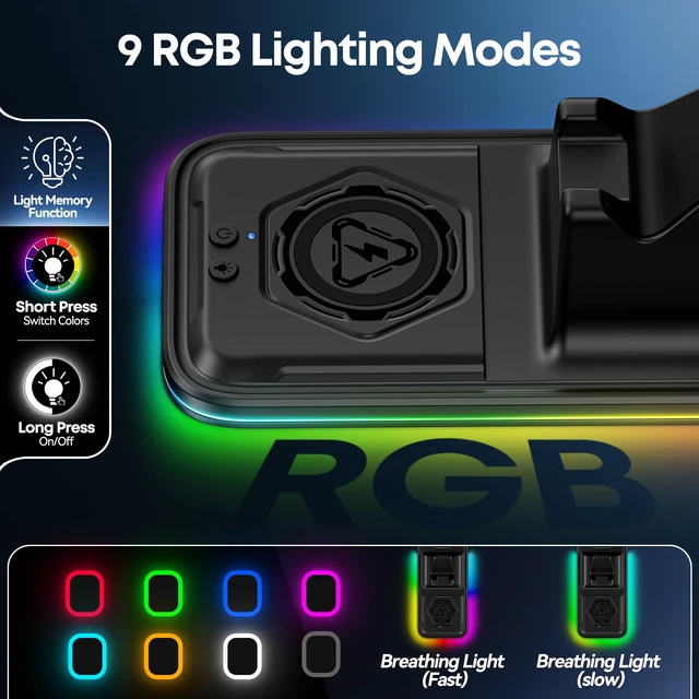 Alt view image 3 of 7 - Controller Stand with Wireless Phone Charger, Gaming Headphone Holder and Controller Charging Station for Desk, 9 RGB Lights, 2 USB and Type C Ports, Gaming Accessories Gifts for Gamers