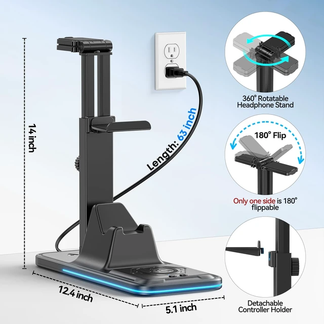 Alt view image 4 of 7 - Controller Stand with Wireless Phone Charger, Gaming Headphone Holder and Controller Charging Station for Desk, 9 RGB Lights, 2 USB and Type C Ports, Gaming Accessories Gifts for Gamers