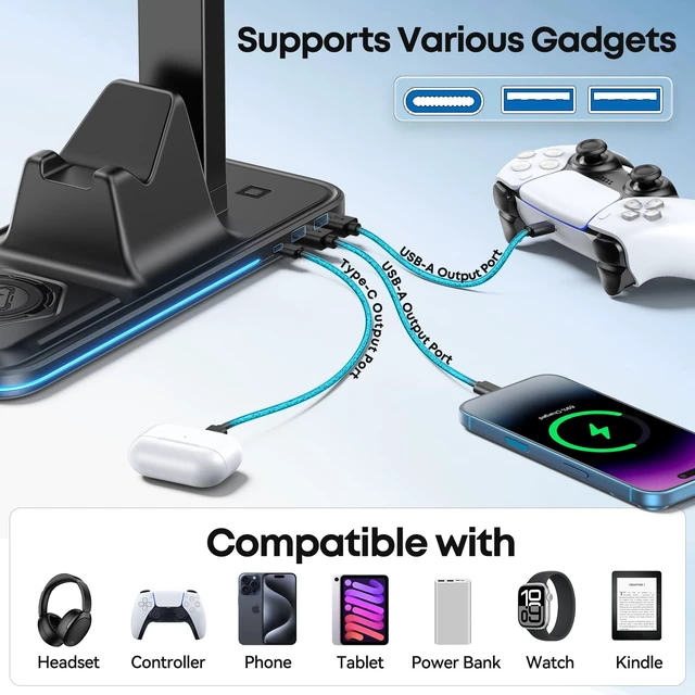 Alt view image 5 of 7 - Controller Stand with Wireless Phone Charger, Gaming Headphone Holder and Controller Charging Station for Desk, 9 RGB Lights, 2 USB and Type C Ports, Gaming Accessories Gifts for Gamers