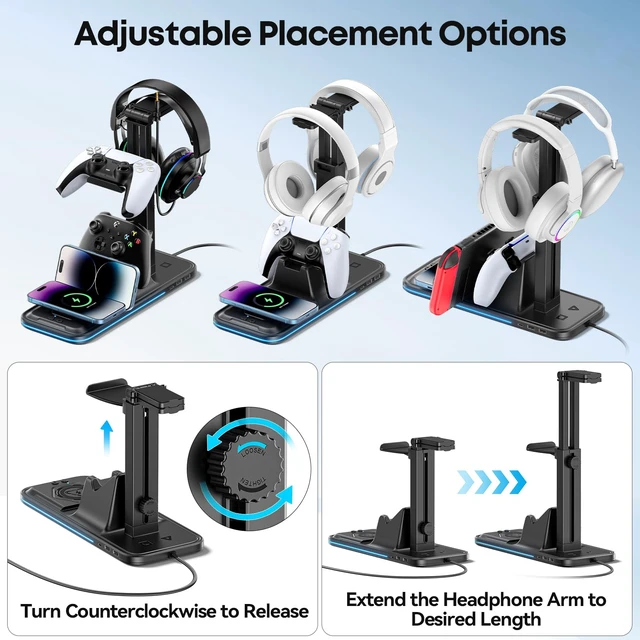 Alt view image 6 of 7 - Controller Stand with Wireless Phone Charger, Gaming Headphone Holder and Controller Charging Station for Desk, 9 RGB Lights, 2 USB and Type C Ports, Gaming Accessories Gifts for Gamers