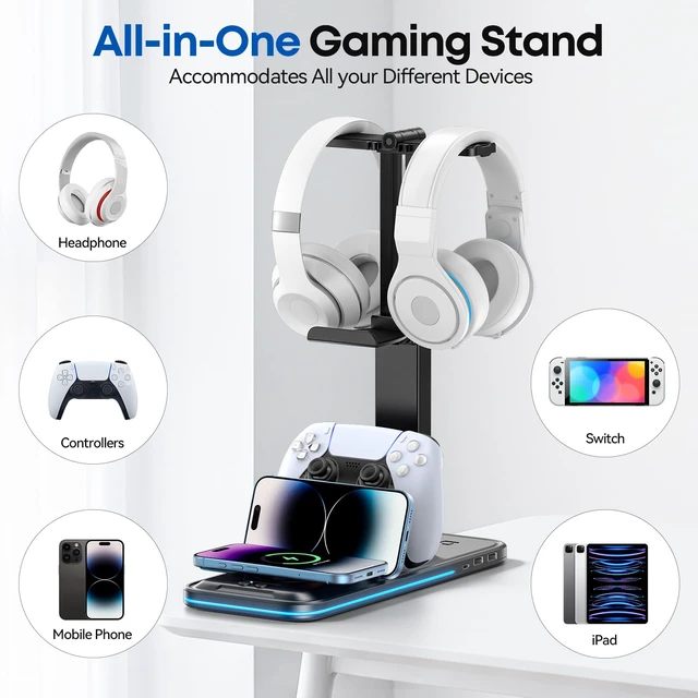 Alt view image 7 of 7 - Controller Stand with Wireless Phone Charger, Gaming Headphone Holder and Controller Charging Station for Desk, 9 RGB Lights, 2 USB and Type C Ports, Gaming Accessories Gifts for Gamers