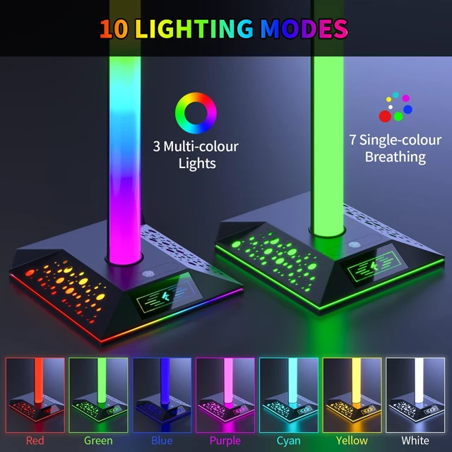 Alt view image 5 of 7 - Xergur Gaming Headset Stand, RGB Headphone Holder with 2 USB Ports for Desk | RGB lighting effects, 2 USB charging ports, sturdy non-slip base. Perfect for gaming desk, office, gift for gamers.