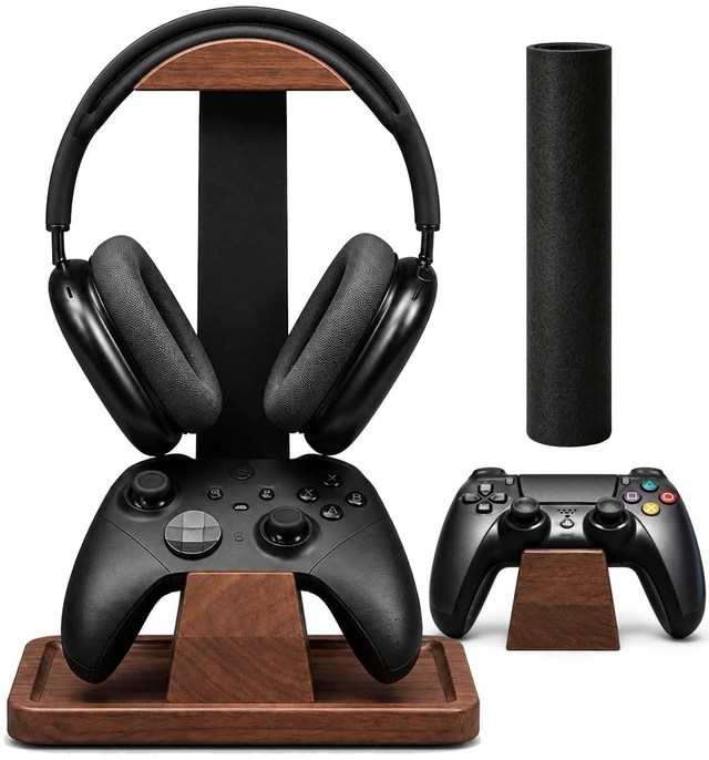 Main image of Walnut Gaming Headphone and Controller Stand with 800 x 300 mm Mouse Pad | Solid Wood Headset Holder with Storage Base and Felt Mouse Pad. Fits Most Over-ear Headphones and Common Controllers.