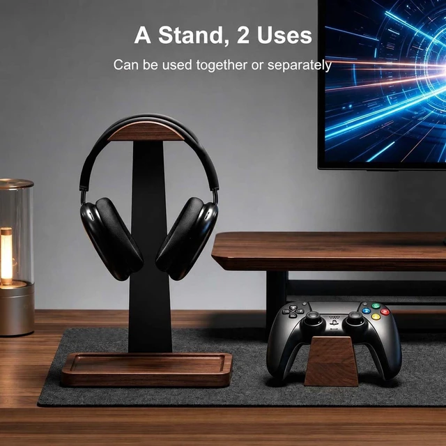 Alt view image 4 of 7 - Walnut Gaming Headphone and Controller Stand with 800 x 300 mm Mouse Pad | Solid Wood Headset Holder with Storage Base and Felt Mouse Pad. Fits Most Over-ear Headphones and Common Controllers.