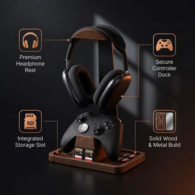 Alt view image 5 of 7 - Walnut Gaming Headphone and Controller Stand with 800 x 300 mm Mouse Pad | Solid Wood Headset Holder with Storage Base and Felt Mouse Pad. Fits Most Over-ear Headphones and Common Controllers.
