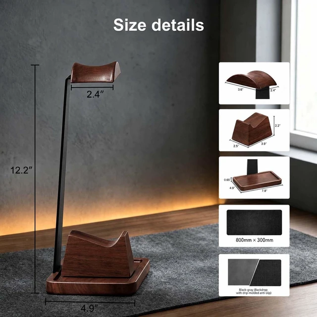 Alt view image 3 of 7 - Walnut Gaming Headphone and Controller Stand with 800 x 300 mm Mouse Pad | Solid Wood Headset Holder with Storage Base and Felt Mouse Pad. Fits Most Over-ear Headphones and Common Controllers.