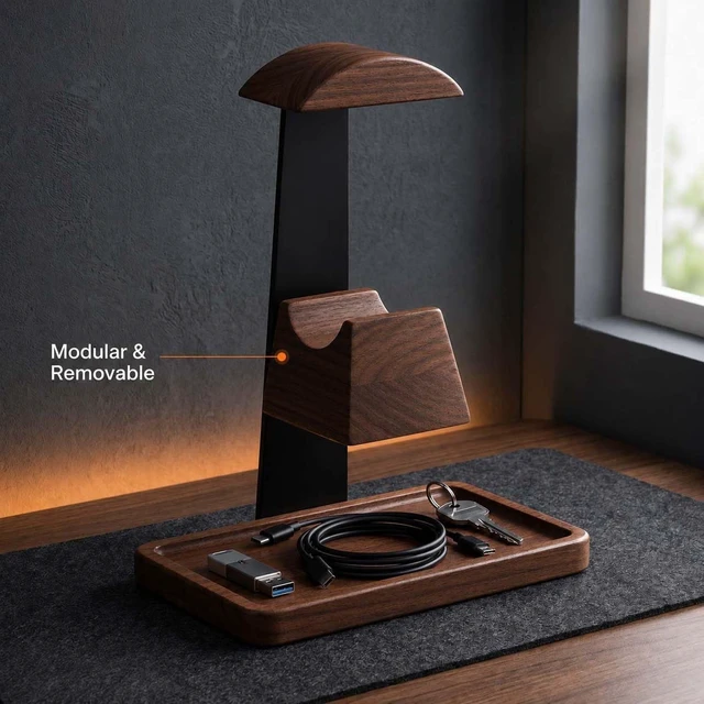 Alt view image 6 of 7 - Walnut Gaming Headphone and Controller Stand with 800 x 300 mm Mouse Pad | Solid Wood Headset Holder with Storage Base and Felt Mouse Pad. Fits Most Over-ear Headphones and Common Controllers.