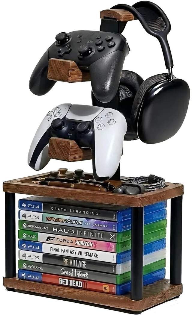 Main image of Game Controller Holder with Headphone Stand & Video Game Storage for Desk | Wood Gaming Equipment Accessories for PS5/Xbox/Switch and Headset Holder Holds 1 Headset & 2 Controller - Gamer Gift for Men