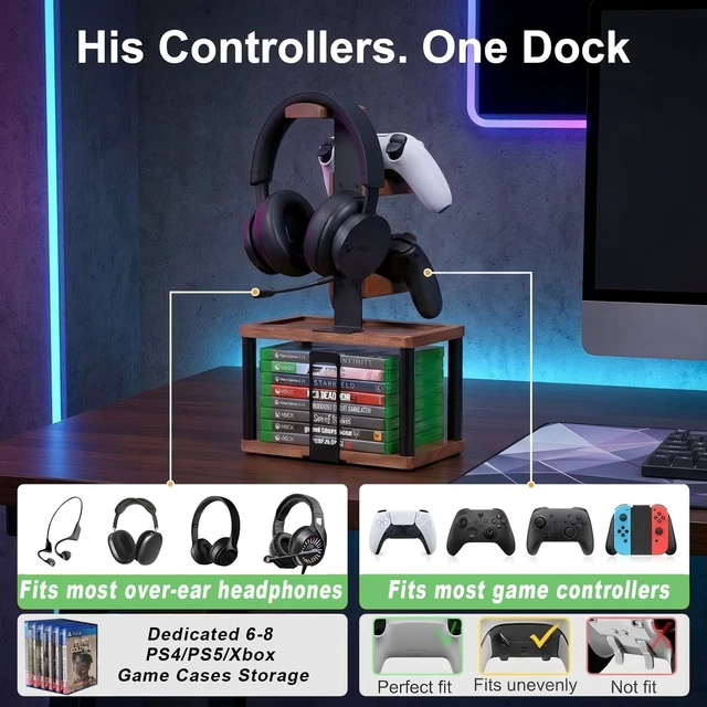 Alt view image 2 of 7 - Game Controller Holder with Headphone Stand & Video Game Storage for Desk | Wood Gaming Equipment Accessories for PS5/Xbox/Switch and Headset Holder Holds 1 Headset & 2 Controller - Gamer Gift for Men