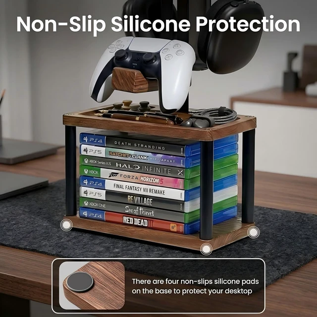 Alt view image 4 of 7 - Game Controller Holder with Headphone Stand & Video Game Storage for Desk | Wood Gaming Equipment Accessories for PS5/Xbox/Switch and Headset Holder Holds 1 Headset & 2 Controller - Gamer Gift for Men