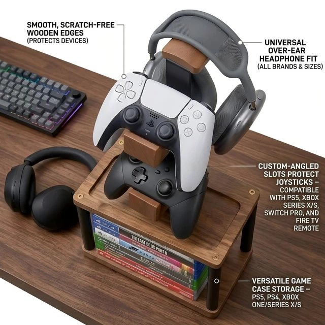 Alt view image 5 of 7 - Game Controller Holder with Headphone Stand & Video Game Storage for Desk | Wood Gaming Equipment Accessories for PS5/Xbox/Switch and Headset Holder Holds 1 Headset & 2 Controller - Gamer Gift for Men