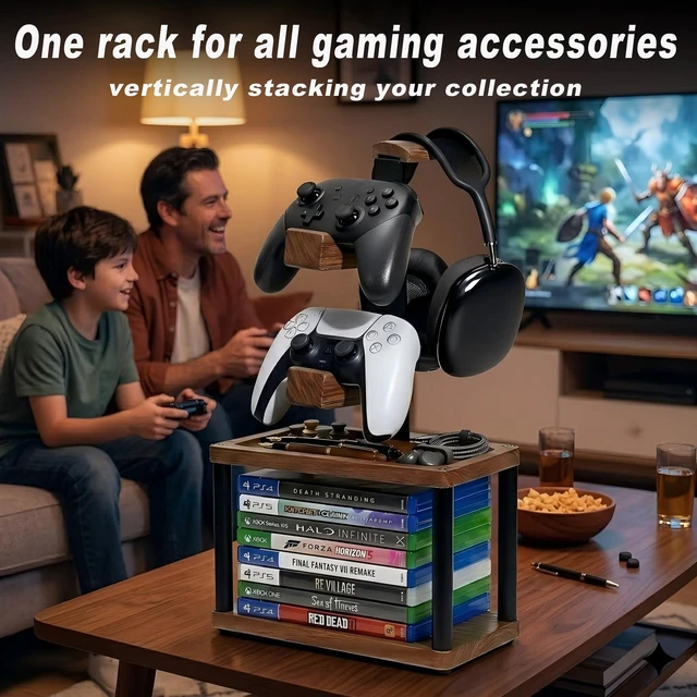 Alt view image 6 of 7 - Game Controller Holder with Headphone Stand & Video Game Storage for Desk | Wood Gaming Equipment Accessories for PS5/Xbox/Switch and Headset Holder Holds 1 Headset & 2 Controller - Gamer Gift for Men