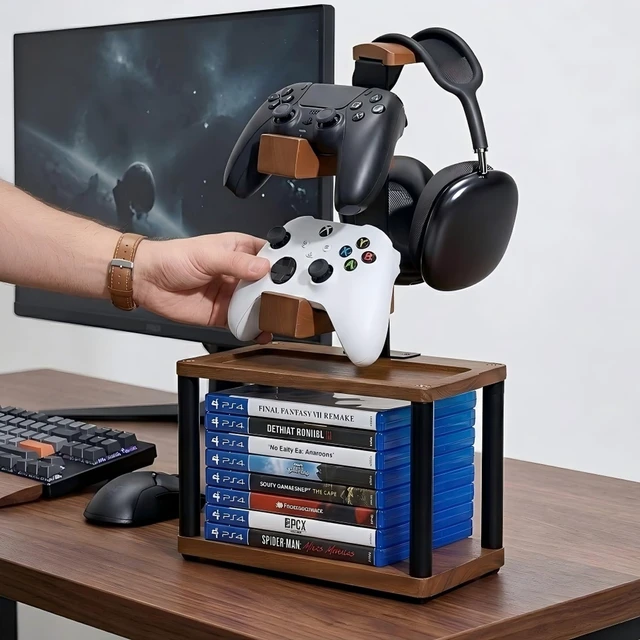 Alt view image 7 of 7 - Game Controller Holder with Headphone Stand & Video Game Storage for Desk | Wood Gaming Equipment Accessories for PS5/Xbox/Switch and Headset Holder Holds 1 Headset & 2 Controller - Gamer Gift for Men