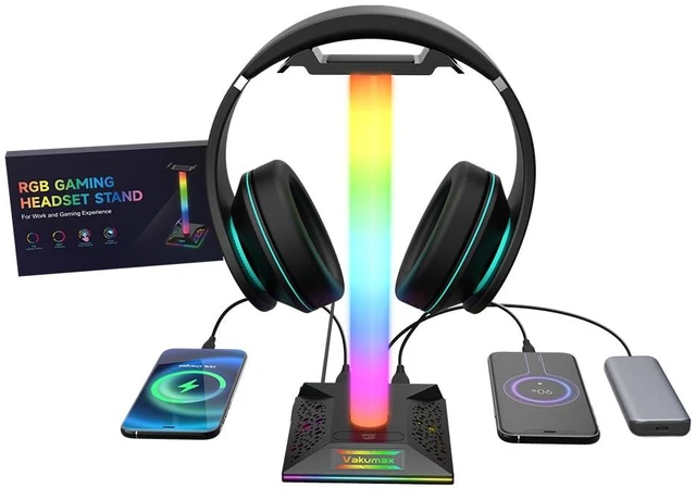 Main image of VAKUMAX RGB Gaming Headphone Stand with Charging Hub, Headset Holder for Desk with Controller Organizer, 3 Ports USB-A and USB-C, 10 Lighting Modes, Touch Control for PS5 Xbox PC Gaming Setup