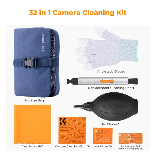 Alt view image 2 of 7 - K&F CONCEPT 32-in-1 Pro Camera Cleaning Kit for Professional Photographers | Replaceable Lens Pen, Safe For Devices, Fast Dry Wipes Remove Oil And Streaks, Portable, Multi Tools, Storage Bag, MK05