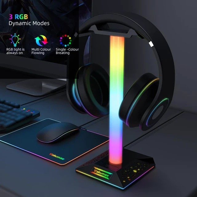 Alt view image 2 of 6 - VAKUMAX RGB Gaming Headphone Stand with Charging Hub, Headset Holder for Desk with Controller Organizer, 3 Ports USB-A and USB-C, 10 Lighting Modes, Touch Control for PS5 Xbox PC Gaming Setup