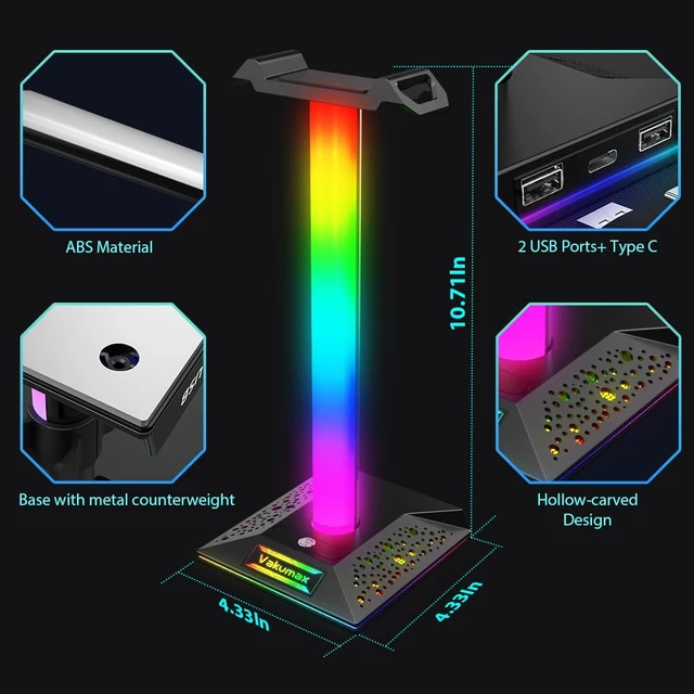 Alt view image 3 of 6 - VAKUMAX RGB Gaming Headphone Stand with Charging Hub, Headset Holder for Desk with Controller Organizer, 3 Ports USB-A and USB-C, 10 Lighting Modes, Touch Control for PS5 Xbox PC Gaming Setup