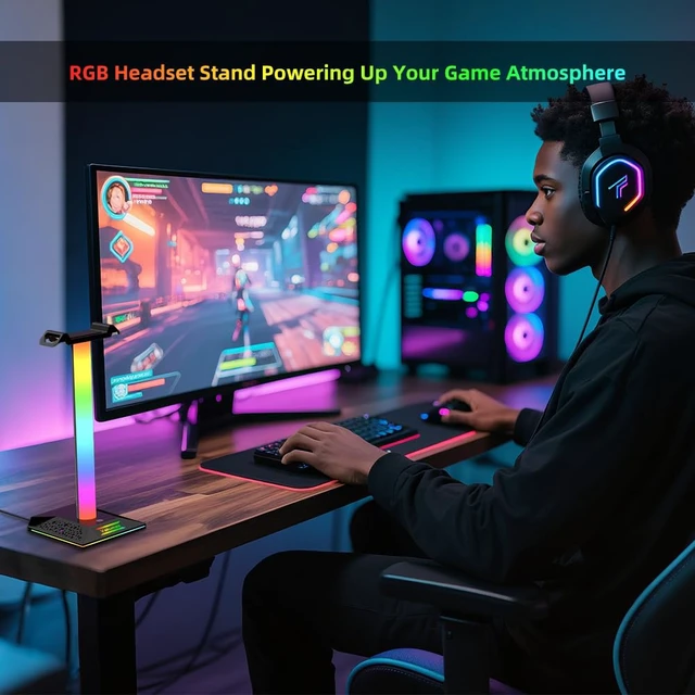 Alt view image 6 of 6 - VAKUMAX RGB Gaming Headphone Stand with Charging Hub, Headset Holder for Desk with Controller Organizer, 3 Ports USB-A and USB-C, 10 Lighting Modes, Touch Control for PS5 Xbox PC Gaming Setup