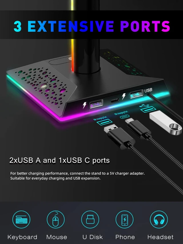 Alt view image 3 of 7 - VCOM RGB Gaming Headphones Stand with 2 USB and 1 Type-C Ports, Headset Stand with 10 Light Modes and Non-Slip Rubber,Suitable for All Earphone Accessories, Best Gift for Desk Gamers