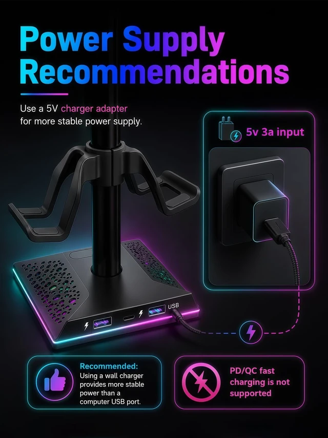 Alt view image 4 of 7 - VCOM RGB Gaming Headphones Stand with 2 USB and 1 Type-C Ports, Headset Stand with 10 Light Modes and Non-Slip Rubber,Suitable for All Earphone Accessories, Best Gift for Desk Gamers