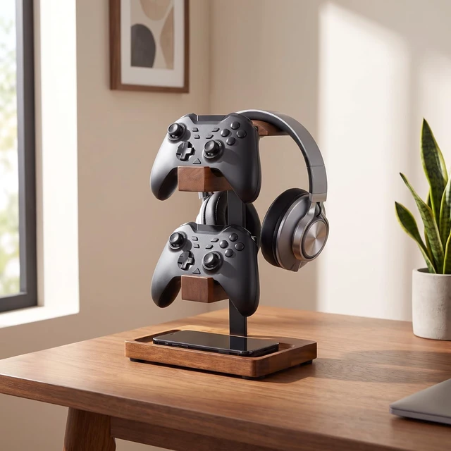 Main image of Fiwochic Headphone Stand with Controller Holder, Light Walnut | Walnut Wood Base Stand, 2 Controller Hooks, Headset Holder Organizer, Declutter Gaming Desk, Gift for Gamers Enthusiasts