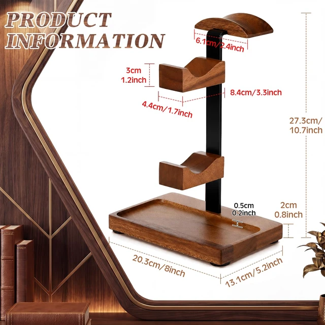 Alt view image 2 of 7 - Fiwochic Headphone Stand with Controller Holder, Light Walnut | Walnut Wood Base Stand, 2 Controller Hooks, Headset Holder Organizer, Declutter Gaming Desk, Gift for Gamers Enthusiasts