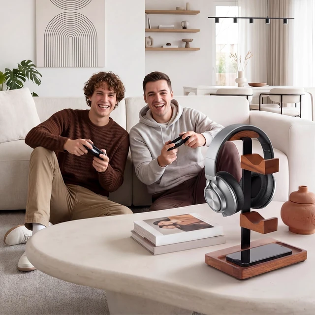 Alt view image 4 of 7 - Fiwochic Headphone Stand with Controller Holder, Light Walnut | Walnut Wood Base Stand, 2 Controller Hooks, Headset Holder Organizer, Declutter Gaming Desk, Gift for Gamers Enthusiasts