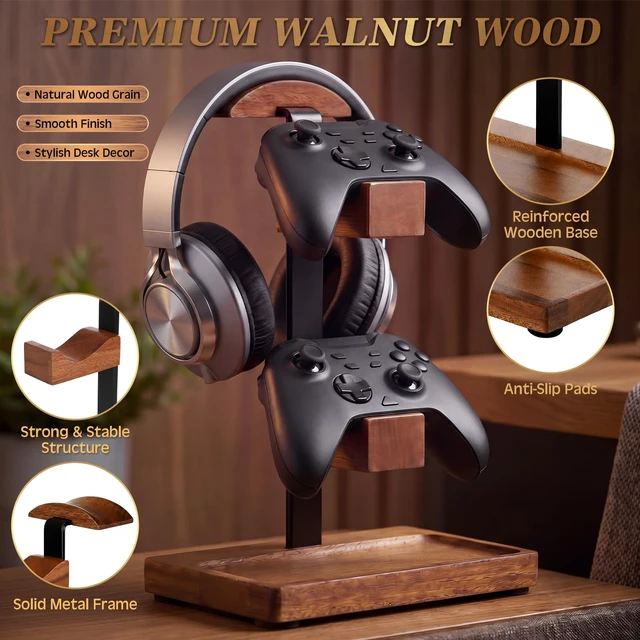 Alt view image 3 of 7 - Fiwochic Headphone Stand with Controller Holder, Light Walnut | Walnut Wood Base Stand, 2 Controller Hooks, Headset Holder Organizer, Declutter Gaming Desk, Gift for Gamers Enthusiasts