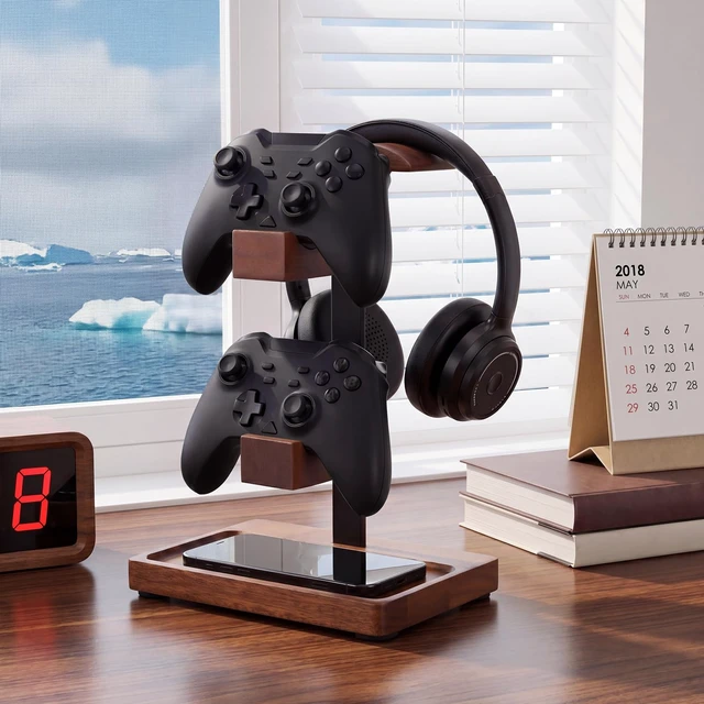 Alt view image 6 of 7 - Fiwochic Headphone Stand with Controller Holder, Light Walnut | Walnut Wood Base Stand, 2 Controller Hooks, Headset Holder Organizer, Declutter Gaming Desk, Gift for Gamers Enthusiasts