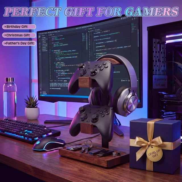 Alt view image 7 of 7 - Fiwochic Headphone Stand with Controller Holder, Light Walnut | Walnut Wood Base Stand, 2 Controller Hooks, Headset Holder Organizer, Declutter Gaming Desk, Gift for Gamers Enthusiasts