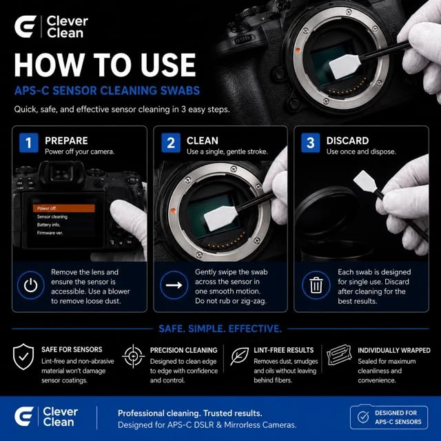 Alt view image 7 of 7 - Clever Clean APS-C Camera Sensor Cleaning Swabs KIt- Professional Sensor Cleaning Kit for DSLR & Mirrorless Cameras- APS-C Sensor Swabs with Microfiber Cloth